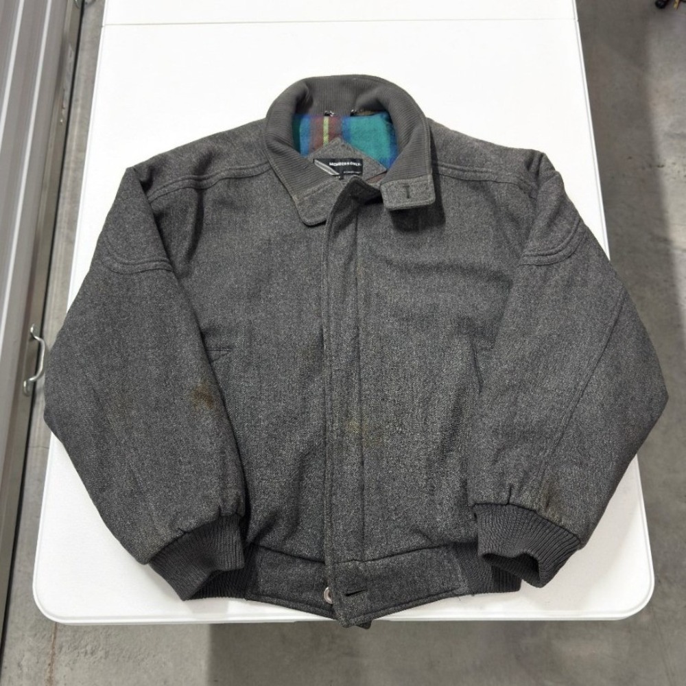 Vintage members only Mens Gray Wool Blend Bomber Jacket Plaid Lined Full Zip
